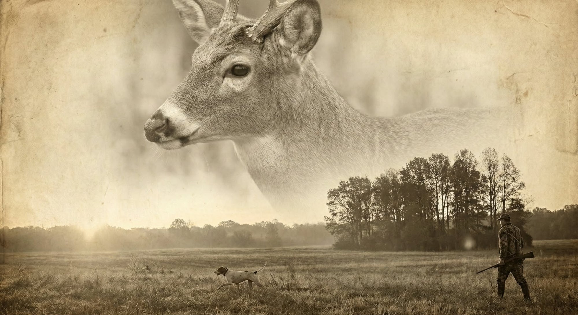 Vintage-style image of a hunter with a dog and a deer in the field